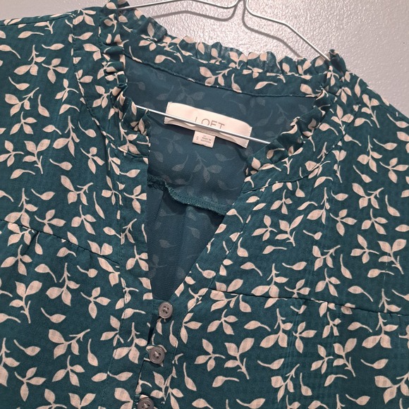 LOFT Small Teal Green Leaf Print Ruffle Chiffon Blouse Long Sleeve Top - Picture 4 of 7
